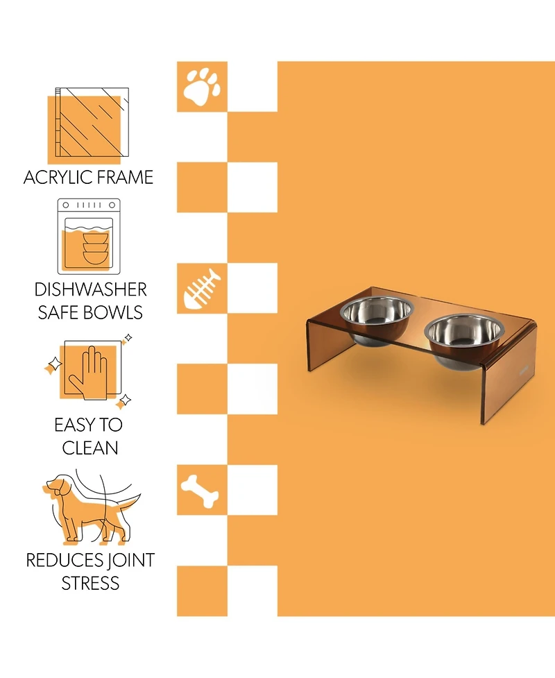 Keaton Modern Acrylic Rectangular Elevated Pet Feeder with 2-Stainless Steel Bowls