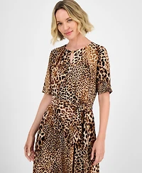 Kasper Women's Printed Elbow-Sleeve Tie-Waist Midi Dress