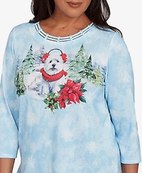 Alfred Dunner Women's Classic Holiday Dog Earmuffs Crew Neck Top