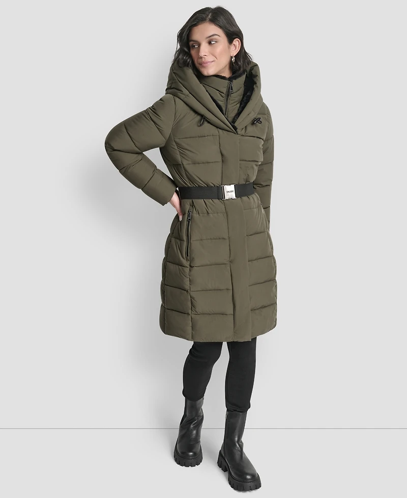 Dkny Women's Belted Asymmetrical Zip Front Puffer Coat