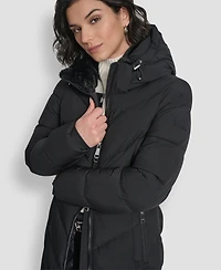 Dkny Women's Hooded Zip Front A-Line Maxi Puffer Coat