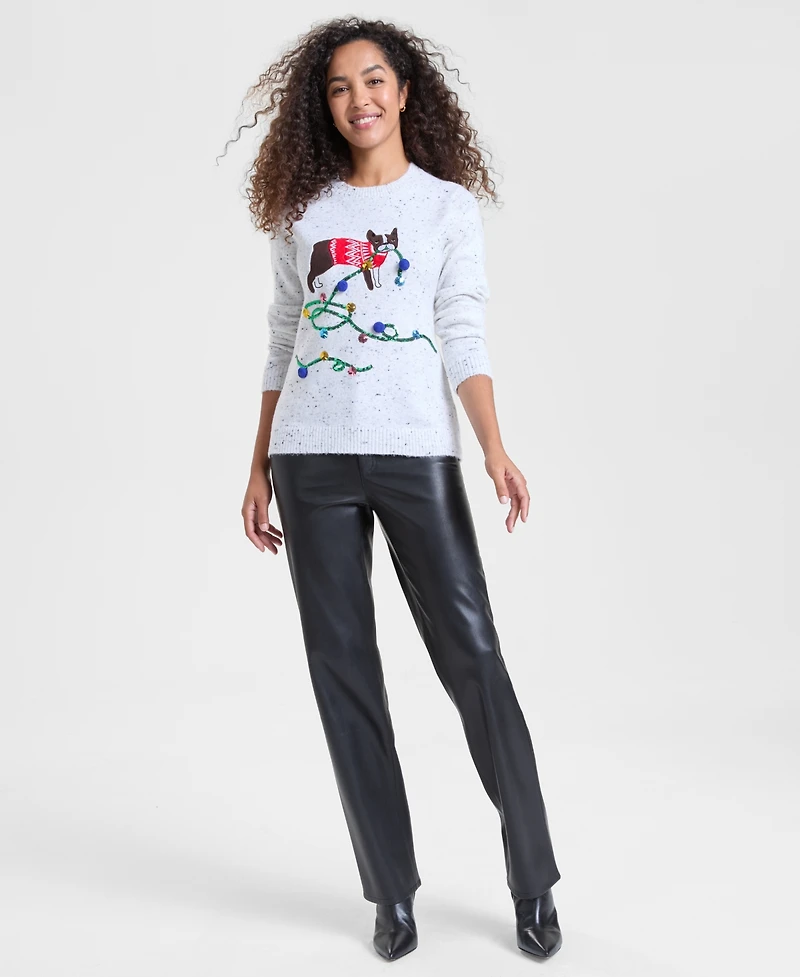 Holiday Lane Women's Embroidered Dog Graphic Sweater, Macy's Exclusive