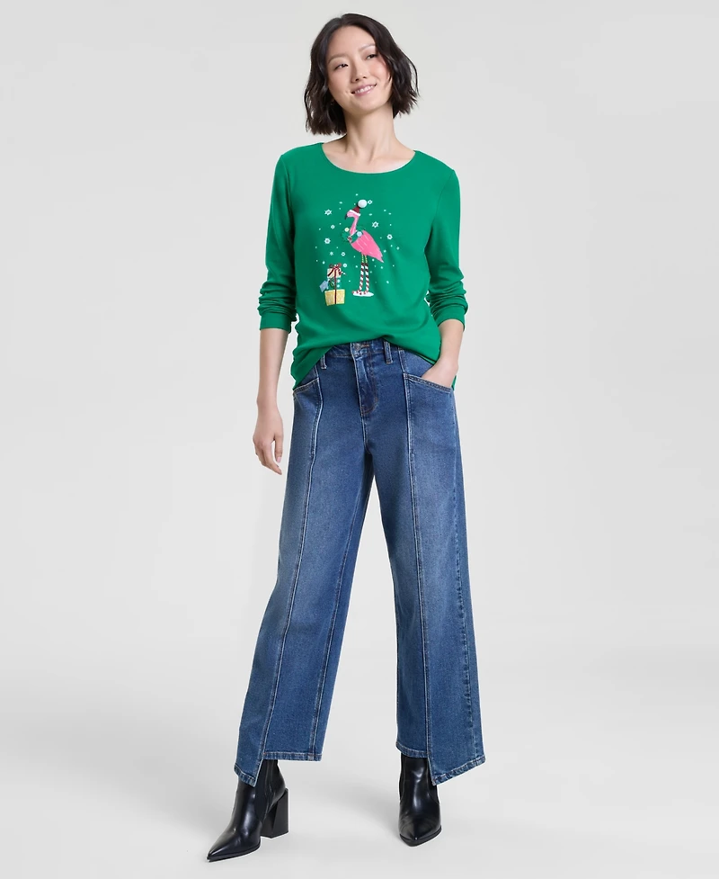 Holiday Lane Women's Flamingo Long-Sleeve Top, Macy's Exclusive
