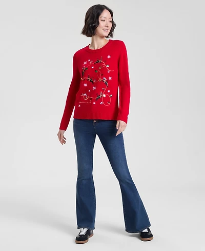 Holiday Lane Women's Kitten Sleigh Crewneck Sweater, Created for Macy's