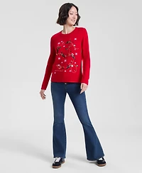 Holiday Lane Women's Kitten Sleigh Crewneck Sweater, Created for Macy's
