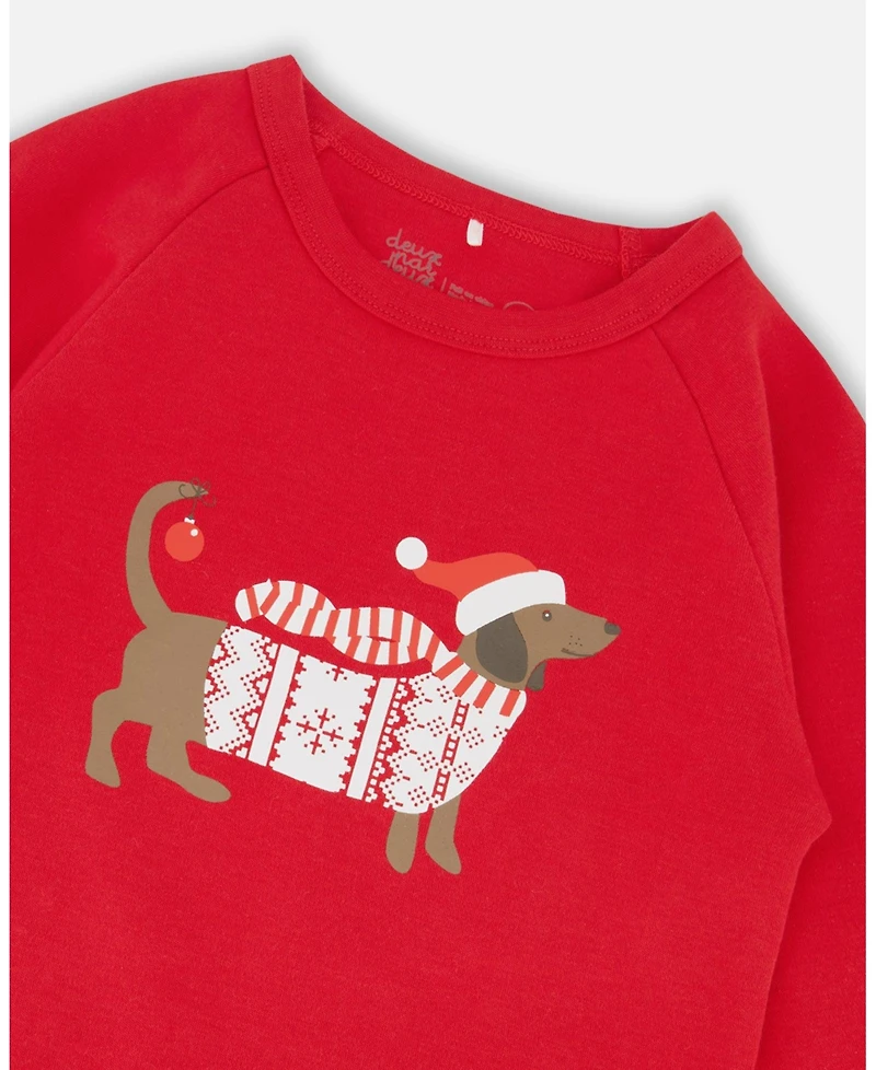 Deux par Kids Unisex Cotton Two-Piece Pajama Set Red and White Fairisle
