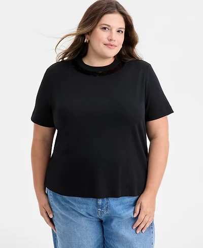 On 34th Trendy Plus Sequin Neck Cotton T-Shirt, Macy's Exclusive