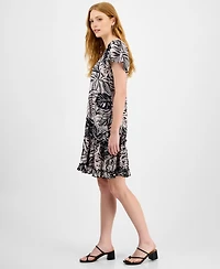 Robbie Bee Petite Printed Sleeveless Ruffle-Trim A-Line Dress