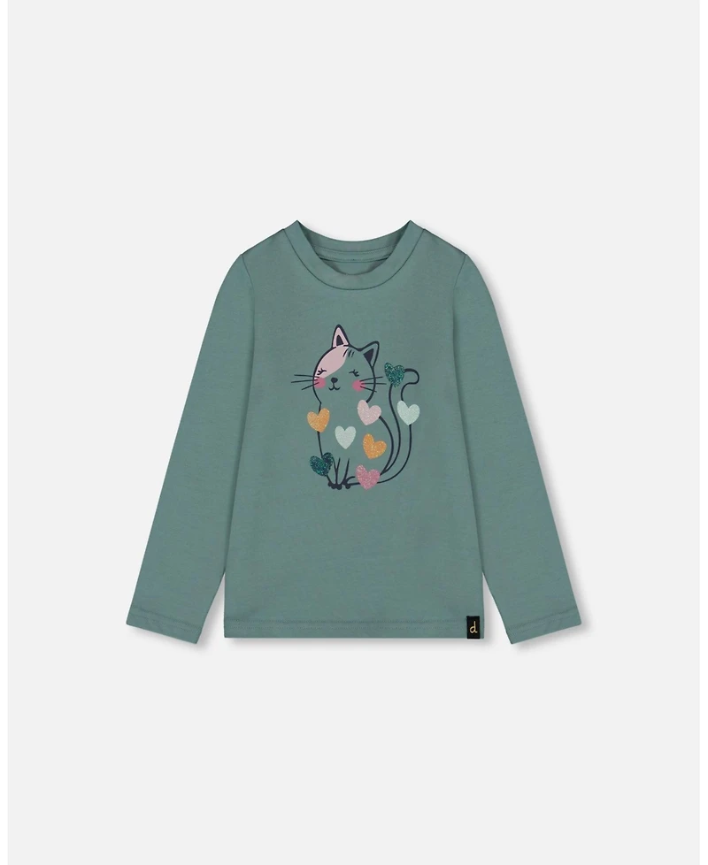 Deux par Girl Cotton T-Shirt Sage with Cat
