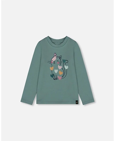 Deux par Girl Cotton T-Shirt Sage with Cat