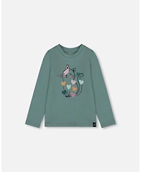 Deux par Girl Cotton T-Shirt Sage with Cat