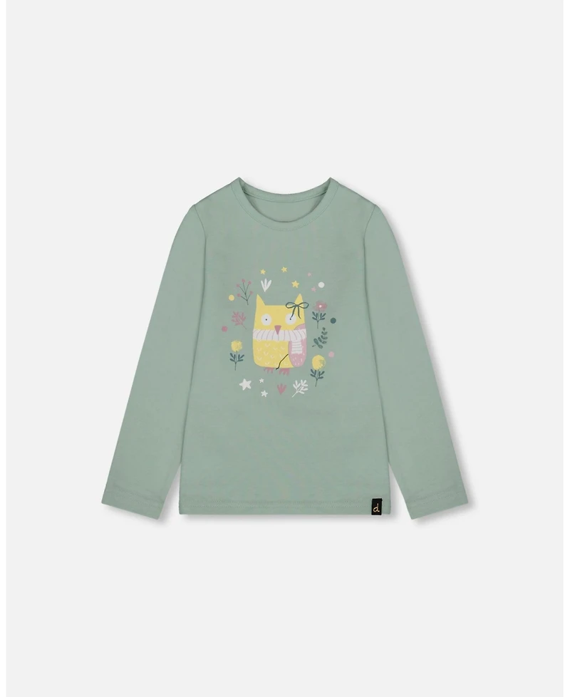 Deux par Girl Cotton Jersey Top Jade Green with Owl