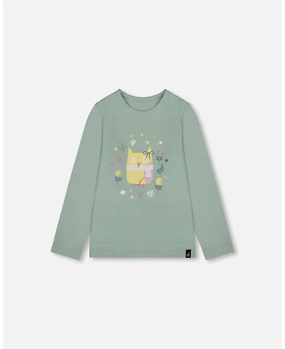 Deux par Girl Cotton Jersey Top Jade Green with Owl