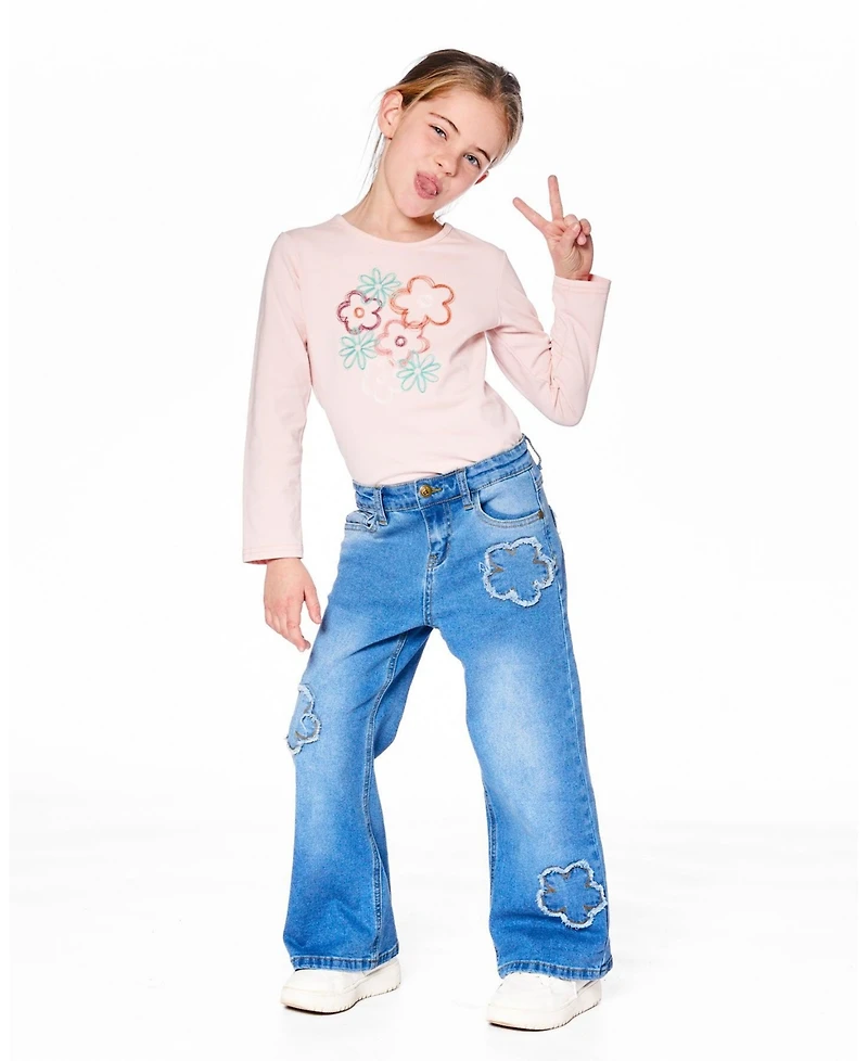Deux par Toddler Girls Cotton Long Sleeve T-Shirt Light Pink with Flowers - Toddler|Child