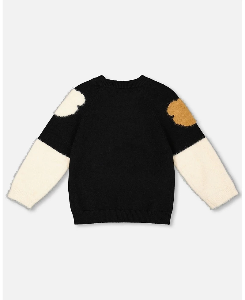 Deux par Girl Knitted Sweater Black with Bear Intarsia