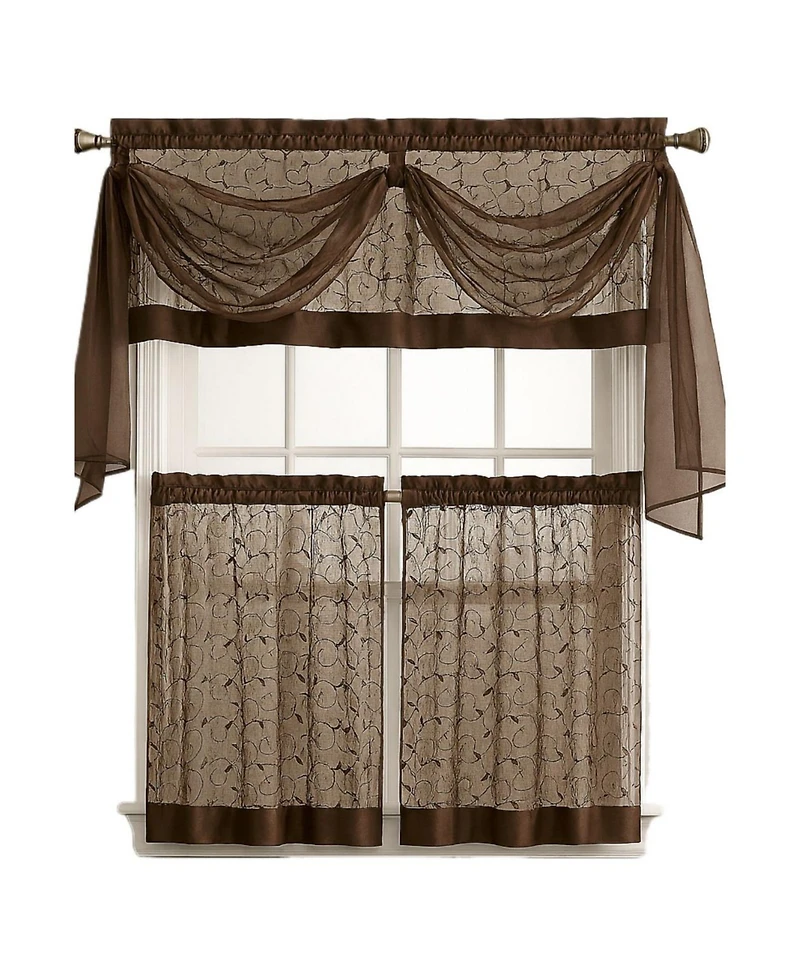 Kate Aurora Living Complete 4 Piece Linen Leaf Embroidered Kitchen Curtain Set - 58 in. W x 36 L, Gold