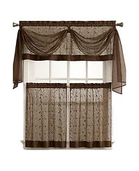 Kate Aurora Living Complete 4 Piece Linen Leaf Embroidered Kitchen Curtain Set - 58 in. W x 36 L, Gold