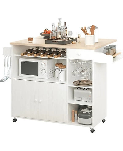Rolling Kitchen Island Cart with Drop-Leaf and Wine Rack, White