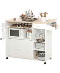 Rolling Kitchen Island Cart with Drop-Leaf and Wine Rack, White