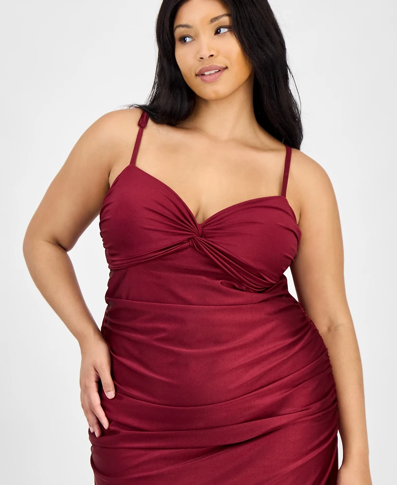 City Studios Trendy Plus Twist-Front Ruched Satin Gown