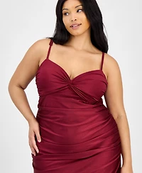City Studios Trendy Plus Twist-Front Ruched Satin Gown