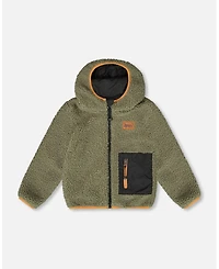 Deux par Baby Unisex Reversible Mid-Season Sherpa Jacket Khaki