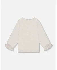 Deux par Baby Girls Jersey Top Off-White with Embroidered Floral Sleeves