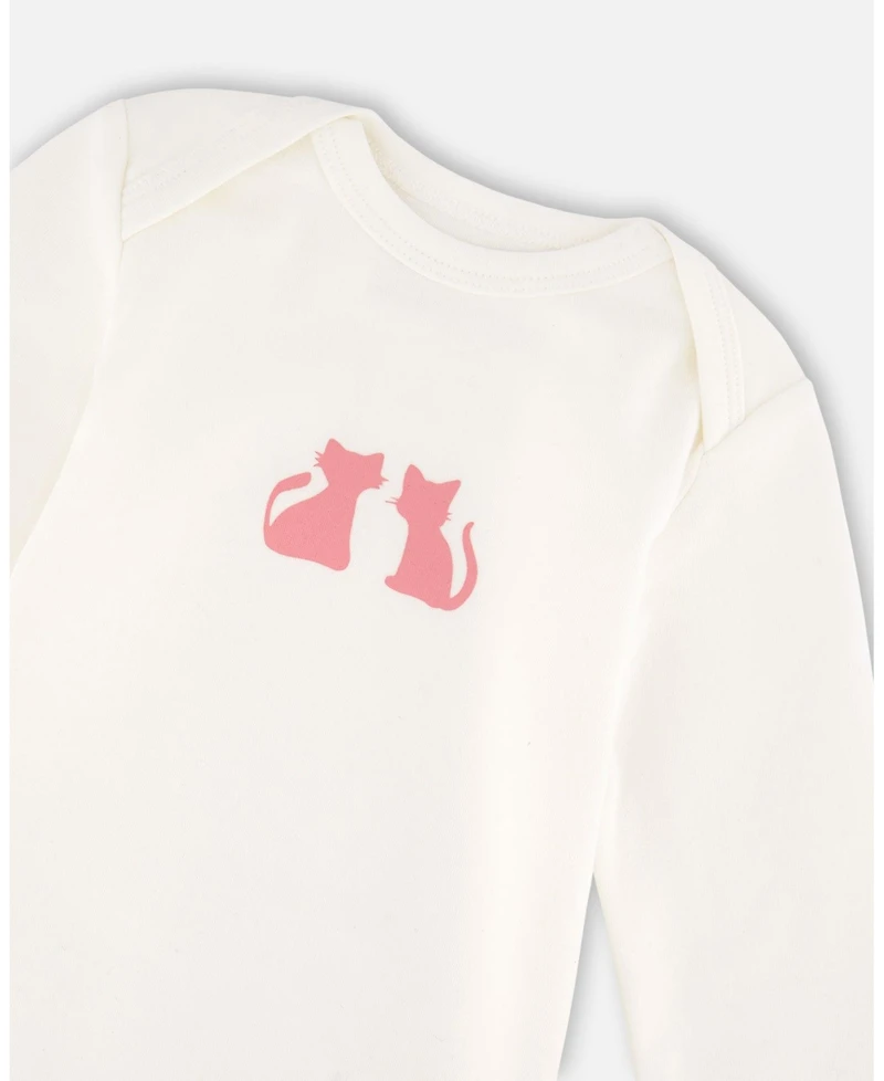 Deux par Baby Girl Cotton Long Sleeve Romper Off-White Cat