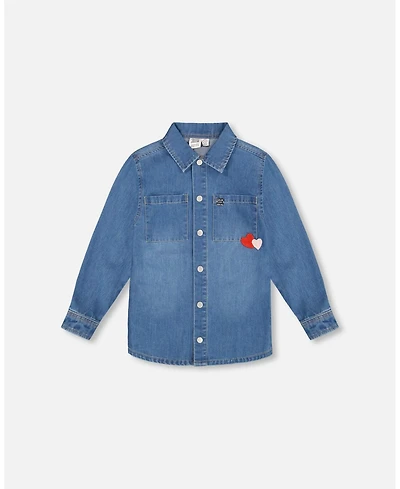 Deux par Girl Denim Shirt Light Blue with Patch Pockets and Apple - Child