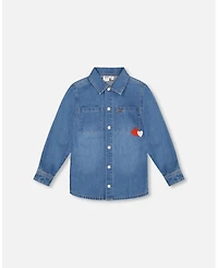 Deux par Girl Denim Shirt Light Blue with Patch Pockets and Apple - Child