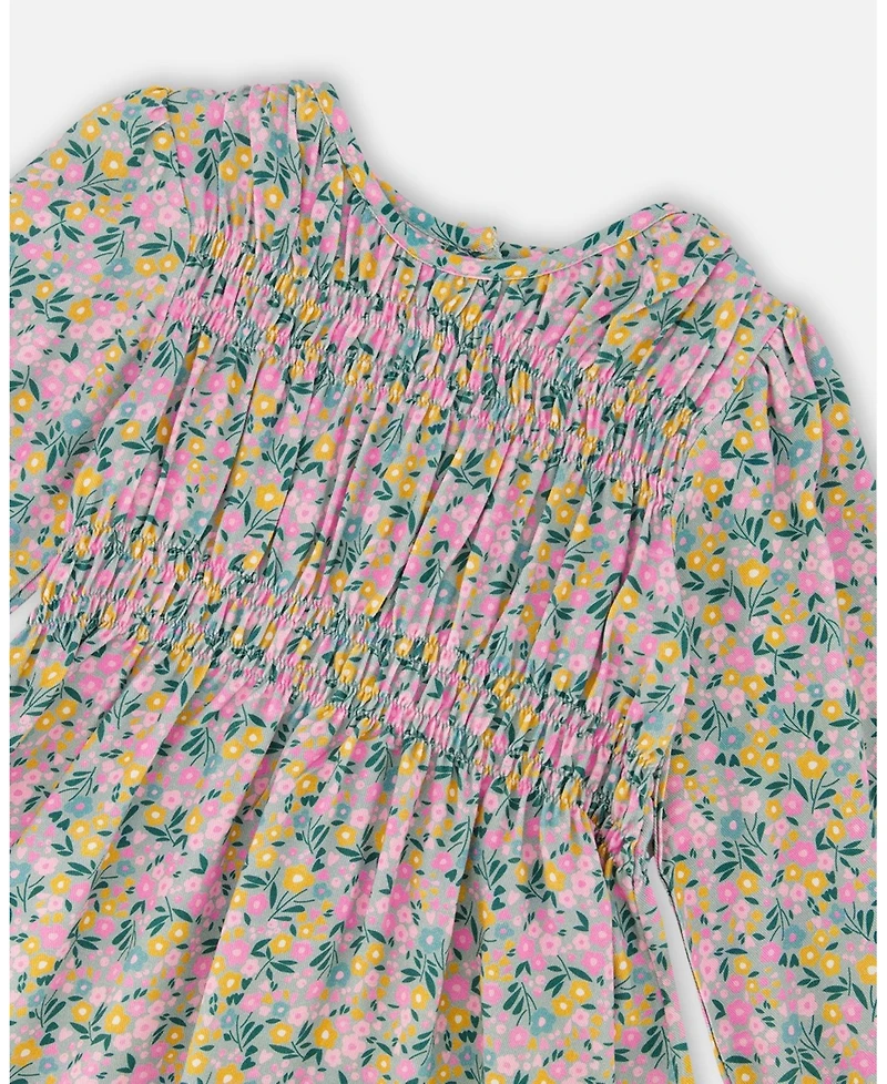 Deux par Girl Smocked Viscose Dress Green with Floral Print