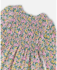 Deux par Girl Smocked Viscose Dress Green with Floral Print