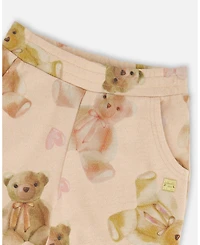 Deux par Girl Glittering French Terry Sweatpants Beige Teddy Bear Print