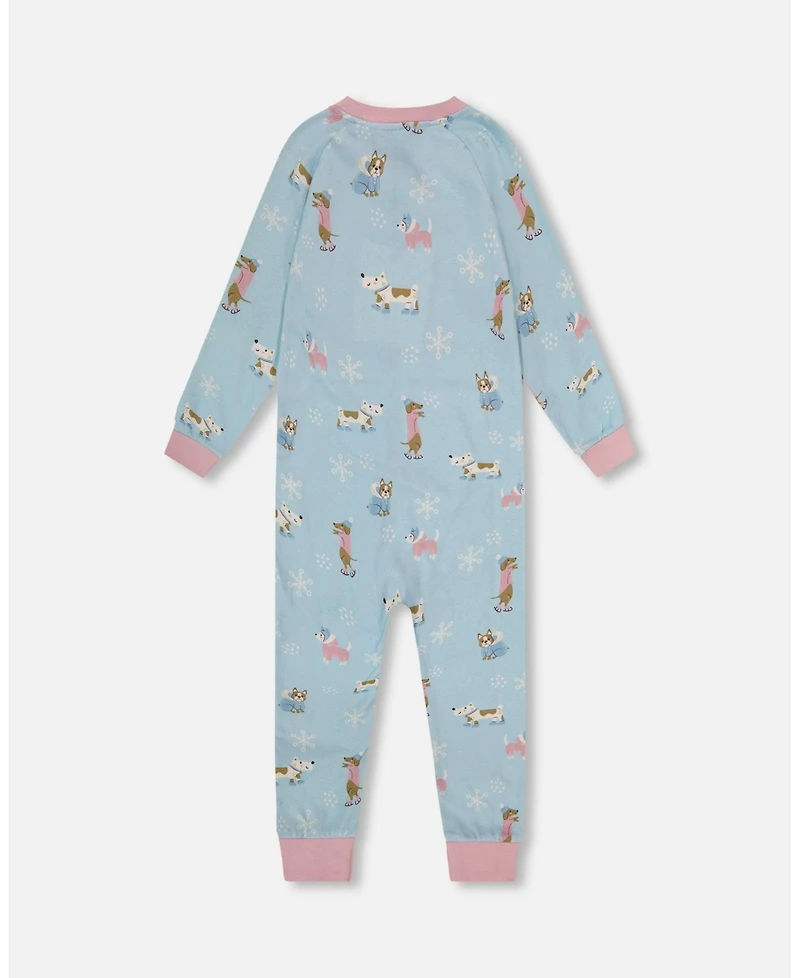 Deux par Girl Cotton Interlock One-Piece Pajama Blue Dog Print