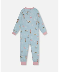 Deux par Girl Cotton Interlock One-Piece Pajama Blue Dog Print
