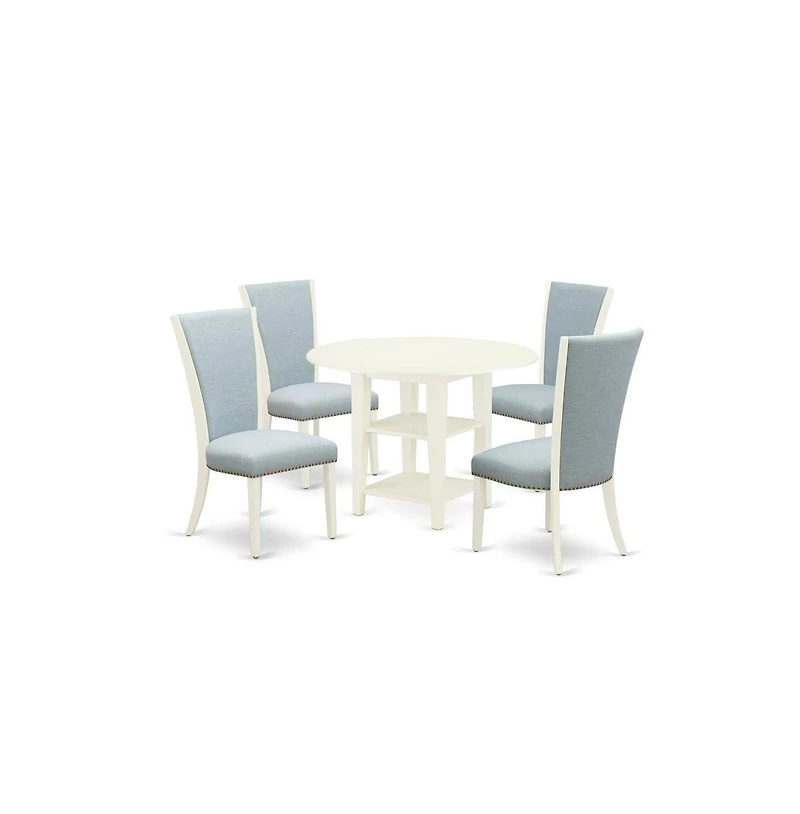 East West Furniture dining set of 4 great kitchen chairs with Linen Fabric Baby Blue color and a stunning drop leaf antique wooden dining table with L