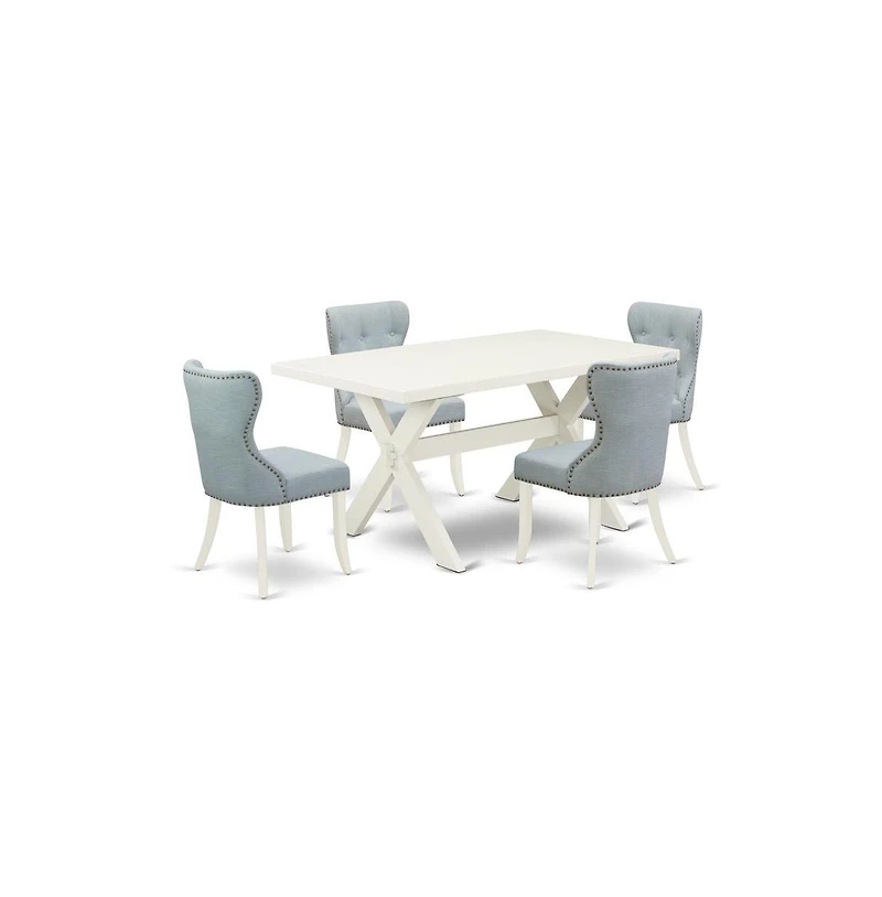 East West Furniture 5-Piece Dining Set- 4 Mid Century Dining Chairs with Baby Blue Linen Fabric Seat and Button Tufted Chair Back
