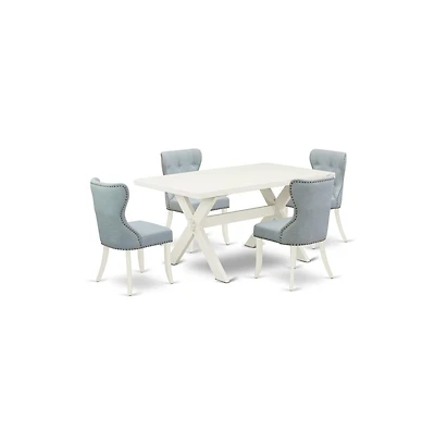 East West Furniture 5-Piece Dining Set- 4 Mid Century Dining Chairs with Baby Blue Linen Fabric Seat and Button Tufted Chair Back