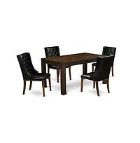 East West Furniture 5-Pc Kitchen Dining Room Set 4 Black Linen Fabric Dining Padded Chairs with Button Tufted Back and 1 Beautiful Rectangular Table