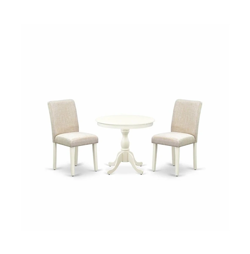East West Furniture 3 Pc Kitchen Table Set - 1 Pedestal Table and 2 Light Beige Parson Chairs - Linen White Finish