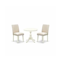 East West Furniture 3 Pc Kitchen Table Set - 1 Pedestal Table and 2 Light Beige Parson Chairs - Linen White Finish