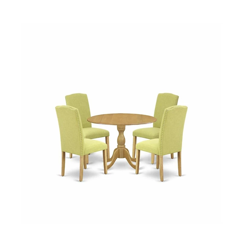 East West Furniture 5 Piece Dining Table Set - Oak Round Dining Table and 4 Limelight Linen Fabric Dining Room Chairs with High Back - Oak Finish