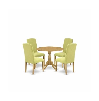 East West Furniture 5 Piece Dining Table Set - Oak Round Dining Table and 4 Limelight Linen Fabric Dining Room Chairs with High Back - Oak Finish