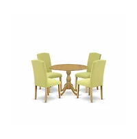 East West Furniture 5 Piece Dining Table Set - Oak Round Dining Table and 4 Limelight Linen Fabric Dining Room Chairs with High Back - Oak Finish