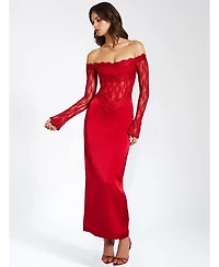 Miss Circle Women's Nessa Red Lace Satin Corset Maxi Dress