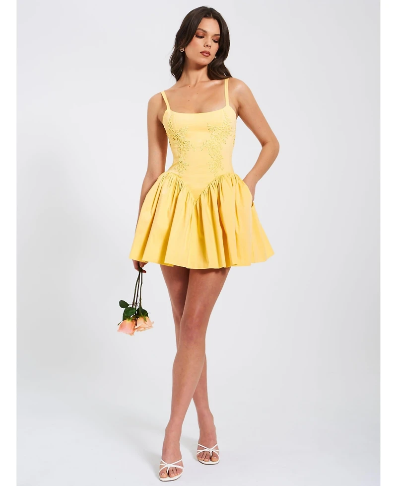 Miss Circle Women's Kadi Yellow Cotton Drop Waist Corset Mini Dress
