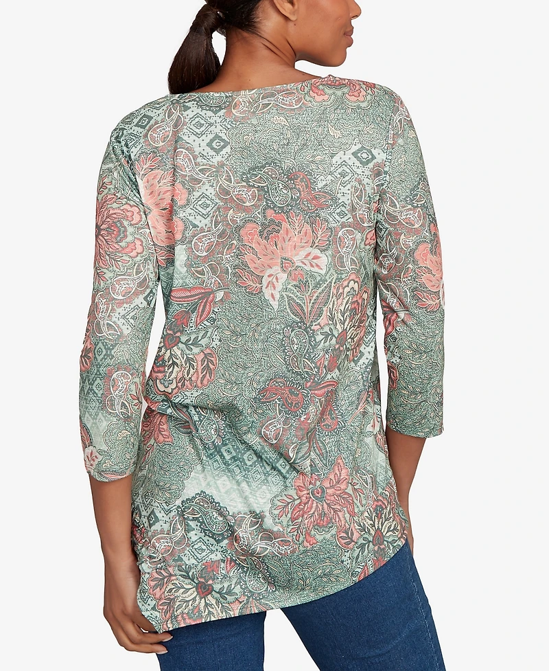 Ruby Rd. Petite Floral Patchwork Split Beaded Neck Top