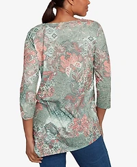 Ruby Rd. Petite Floral Patchwork Split Beaded Neck Top
