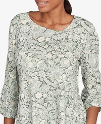 Ruby Rd. Petite Floral Dew Drop Ruched Sleeves Top