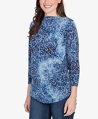 Ruby Rd. Petite Tie Dye Scroll Floral Hatchi Top